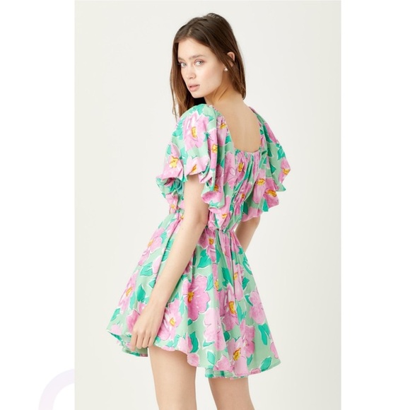 &merci Bubble Puff Sleeve Pink Green Floral Floral Flare Mini Dress - Picture 4 of 14